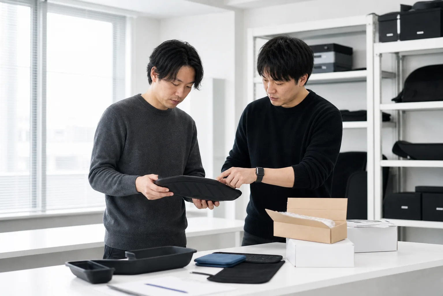 SHIBATES team members reviewing an automotive accessory sample