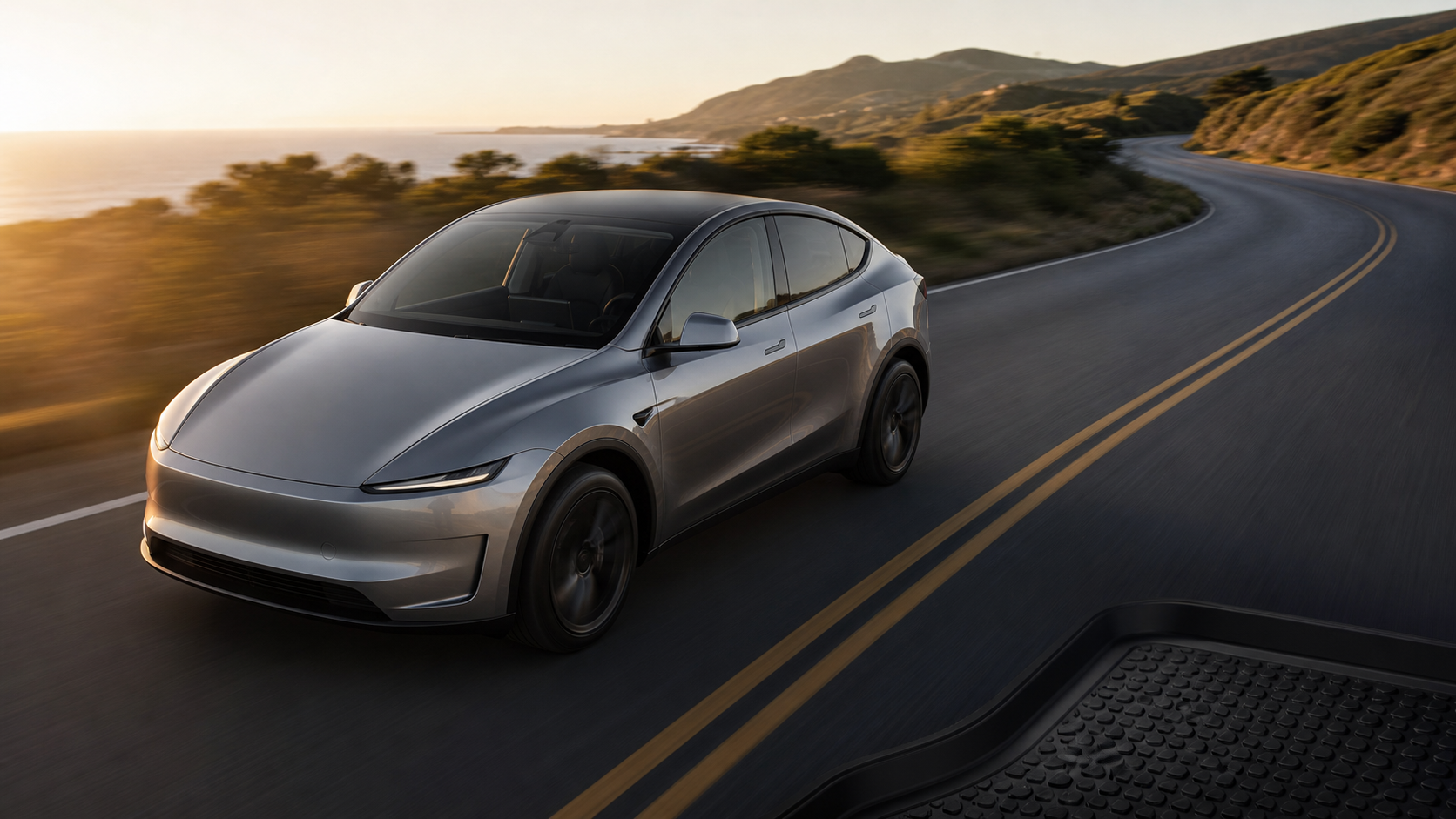A Tesla-compatible vehicle on a coastal road